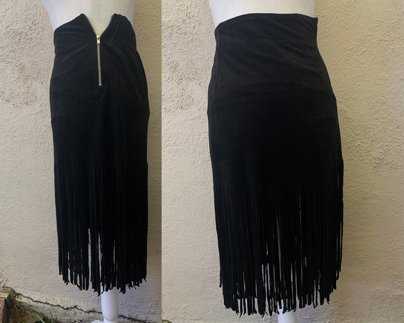 Vintage Inspired Black Ultrasuede Fringe Skirt, Extra Small image 3