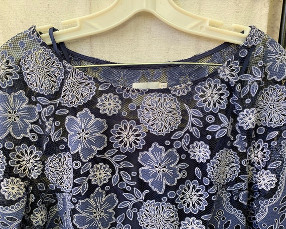 Vintage Inspired Blue Floral Lace Knit Cotton Ble… - image 4