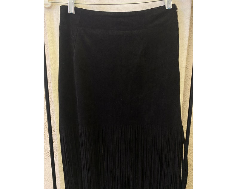 Vintage Inspired Black Ultrasuede Fringe Skirt, Extra Small image 8