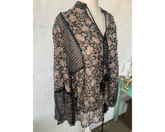 Vintage Sheer Black and Floral Boho Blouse, M - image 3