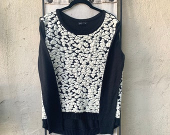 Vintage Inspired Black and White Knit Wool Blend Oversized Sweater, Small