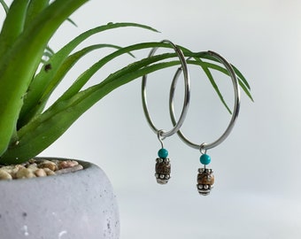 Sterling Silver Hoops with Turquoise and Picture Jasper Drops