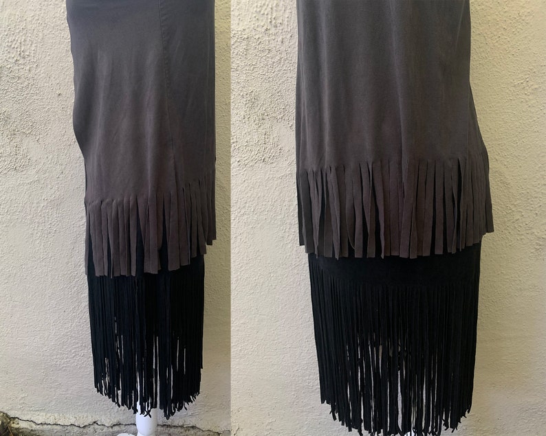 Vintage Inspired Black Ultrasuede Fringe Skirt, Extra Small image 6