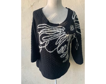 Vintage Inspired Black and White Knit Nubby Cotton Blend Sweater, M