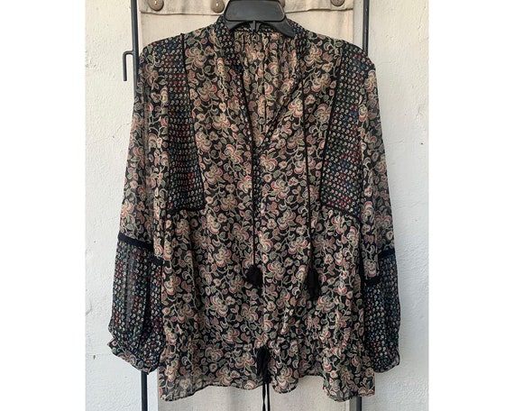 Vintage Sheer Black and Floral Boho Blouse, M - image 4