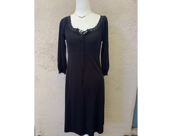 Vintage Inspired Black 3/4 Sleeve Rayon Blend Dress with Lace Trim and Front Tie, XS
