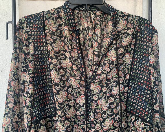 Vintage Sheer Black and Floral Boho Blouse, M - image 2