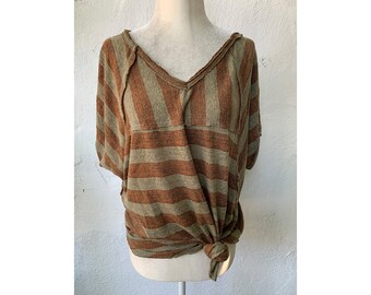 Vintage Inspired Green Knit Rayon Blend Top with Rust Stripes, S