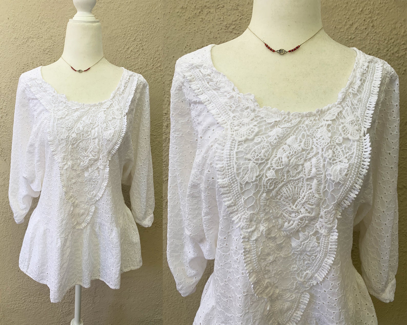 Vintage Inspired White Cotton Lace Top With 3/4 Sleeves Small - Etsy