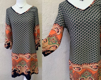 Vintage Inspired Colorful 3/4 Sleeve Navy and Orange Dress with Paisley Designs, Small