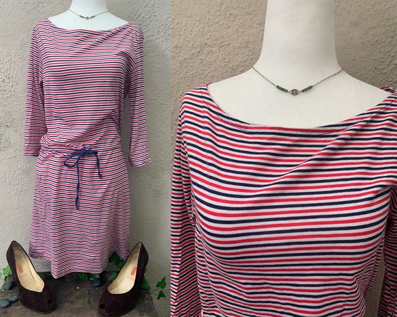 Vintage Inspired Navy Blue and Red Striped Long S… - image 1