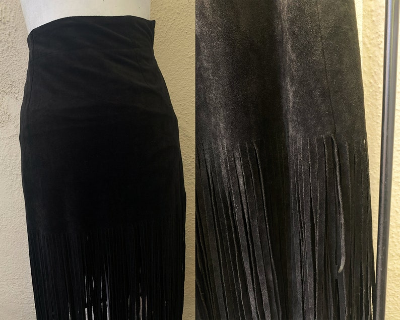 Vintage Inspired Black Ultrasuede Fringe Skirt, Extra Small image 9