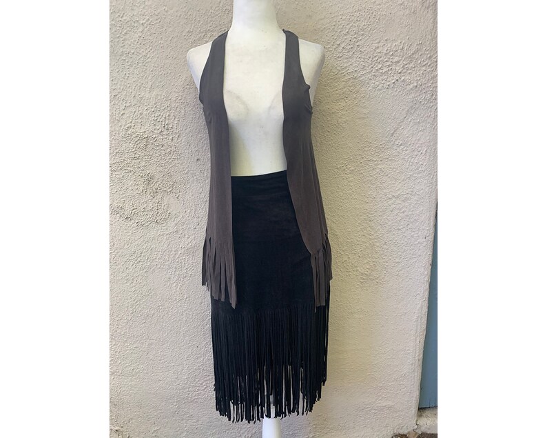 Vintage Inspired Black Ultrasuede Fringe Skirt, Extra Small image 2