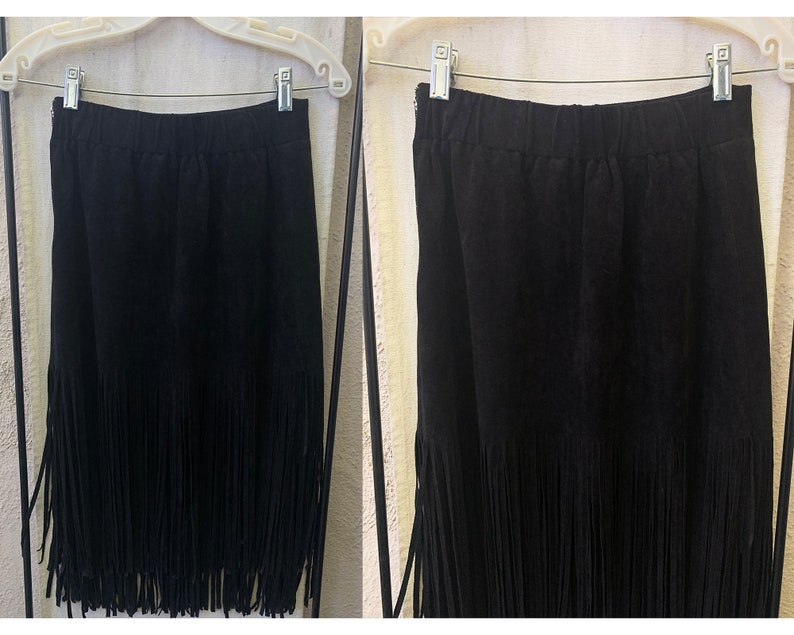 Vintage Inspired Black Ultrasuede Fringe Skirt, Extra Small image 7