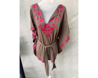 Vintage Inspired Brown Cape with Pink Embroidery and Waist Tie, S/P