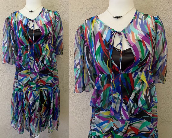 Vintage Inspired Colorful Design Sheer Silk Dress… - image 1