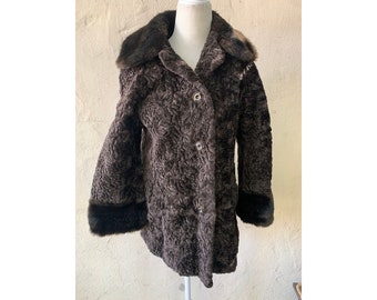 Vintage 1950s Faux Lambswool and Fur Brown Coat, S