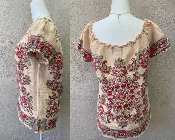 Vintage Inspired Cream Linen Top with Paisley Des… - image 2