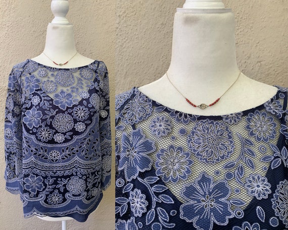 Vintage Inspired Blue Floral Lace Knit Cotton Ble… - image 1