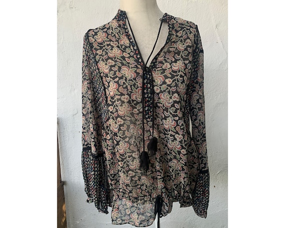 Vintage Sheer Black and Floral Boho Blouse, M - image 1