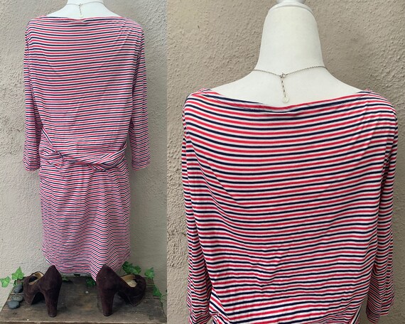 Vintage Inspired Navy Blue and Red Striped Long S… - image 2