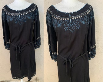 Vintage Inspired Boho Black Rayon Dress with Blue and White Embroidery, Small