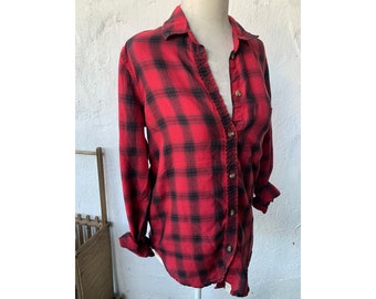 Vintage Inspired Red Plaid Button Down Shirt, XS