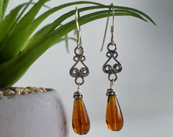 Vintage Amber Brown Glass Teardrop Antiqued Bali Sterling Silver Scroll Earrings