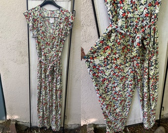 Vintage Inspired Floral Free People Sleeveless Jumpsuit with Pockets, XS/S