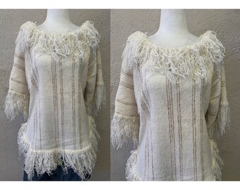 Vintage 1970s Cream Beige Wool Cotton Blend Sweater Top with Fringe Trim, Small/Medium