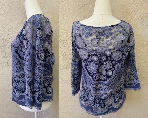 Vintage Inspired Blue Floral Lace Knit Cotton Ble… - image 2