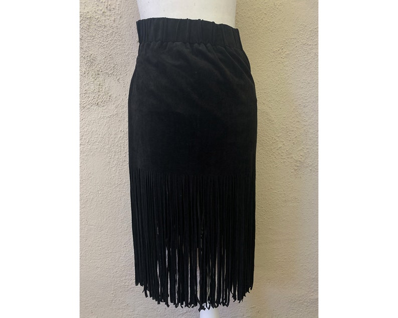 Vintage Inspired Black Ultrasuede Fringe Skirt, Extra Small image 1