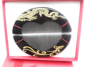 Hair Combs Japanese Japan Lacquer Black and Gold Dragon Design In Original Box