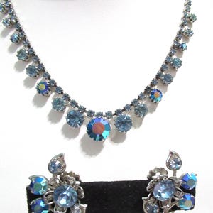 Blue Rhinestone Choker and Flower Blue Rhinestone Clip on Earrings Vintage