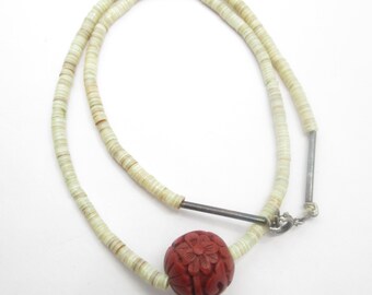 Pukka Shell and Cinnabar Beaded Necklace Vintage