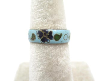 Blue Cloisonne Band Ring w Flowers Size 7.5 Vintage Enamel