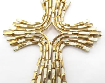 Large Cross Crucifix Necklace Pendant White Enamel and Gold Tone Metal