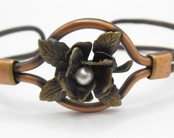 Copper and Brass Mixed Metal  Cuff Bracelet Rose Faux Pearl