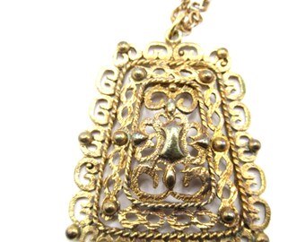 Vintage Gold Tone Curlicue Pendant Necklace Old Oxidized For Wear RePurpose