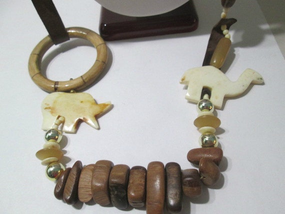 Vintage Necklace Long Carved Ox-Bone Animals Rhin… - image 2