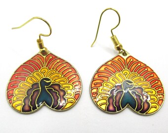 Enamel Peacock Pierced Dangle Earrings Under Acrylic