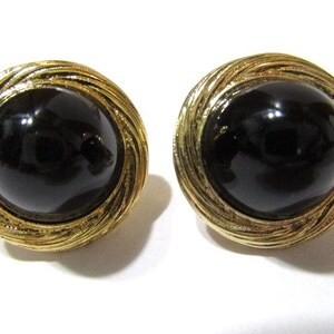 Vintage Signed Trifari Black Button Shape Earrings Textured Gold Tone Puckered Lucite