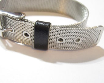Mesh Bracelet with Belt Buckle Stylish Adjustable Vintage Bright Silver Tone