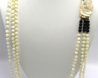 Mother of Pearl Shell Onyx Bead Long Triple Strand Necklace with Carved Rose Design Hand Knotted