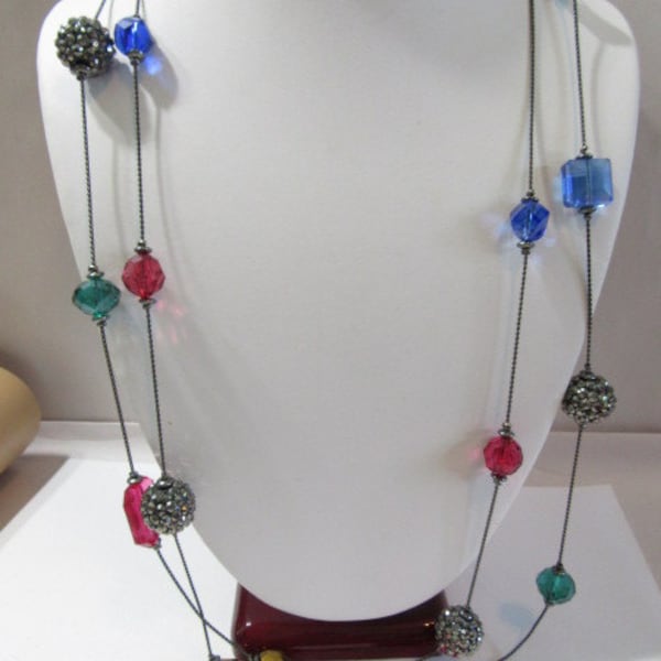 Illusion Style Glass Jewel Tone Beads Chunky W Hematite Color Metal Beaded Balls Flashy Fun Long Funky Jazzy