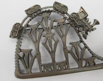 Train Amusement Roller Coaster Brooch Pin Vintage Dark Copper Bronze Tone Metal