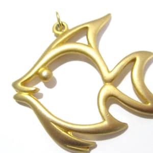 Modernist Style Angel Fish Brushed Gold Tone Pendant Vintage Figural Open