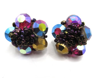 Vintage Cluster Clip-On Earrings AB Purple