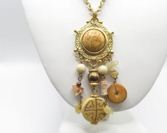 Necklace Vintage Dangle Charms Beige Pendant Signed Express Tribal