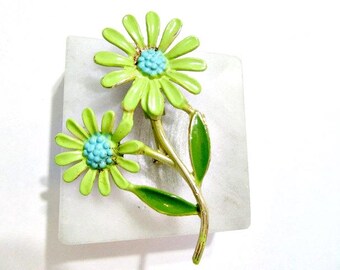 Funky Retro Vintage 1970s Enamel Lime Green and Turquoise Color Flower Floral Brooch Pin Daisy